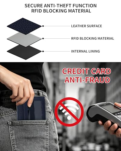 Credit Card Holder Wallet RFID Blocking, Leather Wallet for Women, Card Cases & Money Organizers with keychain Double Zipper Wallet with ID Window - color: Blue