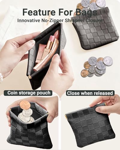 2 Pack Checkered Makeup Bag PU Leather Cosmetic Pouch Snap Closure | 7x5.5 & 4.5x4.5 Inch, Travel Daily Use, Coin Lipstick Holder, Purse Organizer, Stain-Resistant, 3 Colors - color: black
