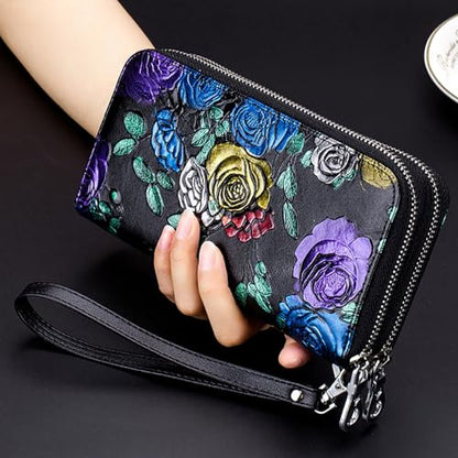Wallets for Women Wristlet RFID Blocking Genuine Leather Double Zipper Credit Card Holder Large Ladies Clutch Purse - color: X1-golden Rose