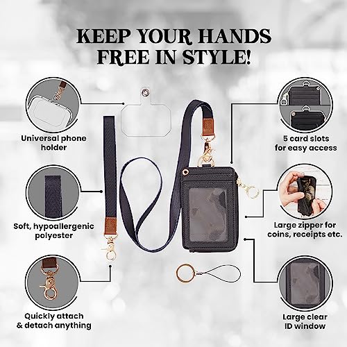 MONDO DESIGNS 2-in-1 ID Badge Holder with Lanyard - Multi-Use Lanyard Keychain Wallet for Women, Small Keychain Wristlet Wallet with Strap & Lanyards for ID Badges, Phone & Card Holder - Black - color: Black