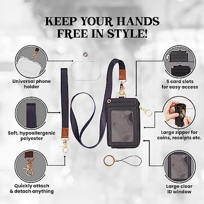 MONDO DESIGNS 2-in-1 ID Badge Holder with Lanyard - Multi-Use Lanyard Keychain Wallet for Women, Small Keychain Wristlet Wallet with Strap & Lanyards for ID Badges, Phone & Card Holder - Black - color: Black