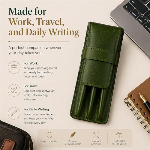 Genuine Leather Pen Case for 3 Pens - Handmade Premium Pen Holder Organizer with Flap Closure Slim Travel Pouch for Office Business Use, 3.5 x 7- Green - color: Green Leather Pen Case