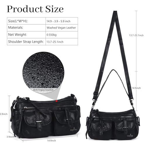 Angel Kiss Hobo Purses for Women Crossbody Shoulder Bag Ladies Multi Pocket Handbags with Adjustable Shoulder Strap | Soft Vegan Leather - color: Black