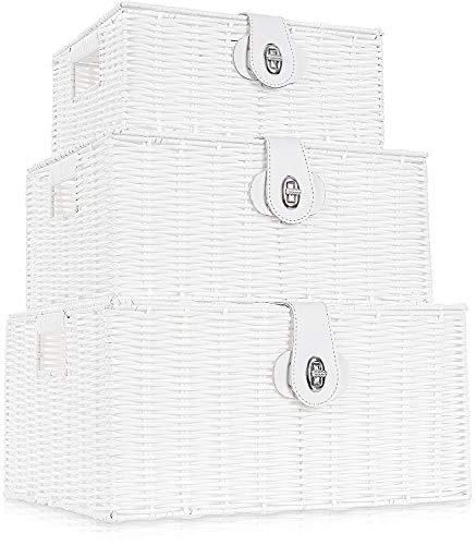 Set of 3 Woven Wicker Storage Basket Box with Lids & Lock, Built-in Carry Handles, Multifunctional Storage Organizer for Nursery, Baby, Clothes, Toys, Books, Large/Medium/Small Size (White) - color: White