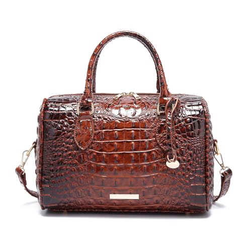 Makcr Joacbv Crocodile Handbag for Women Top Handle Leather Shoulder Purse | Glossy crocodile-embossed vegan leather with rolled handles, buckle details, a structured dome shape, and adjustable strap. - color: 1-oil Wax Brown