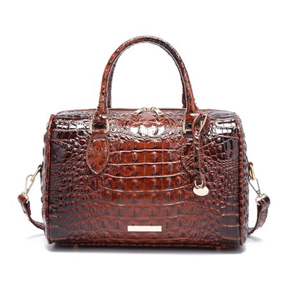 Makcr Joacbv Crocodile Handbag for Women Top Handle Leather Shoulder Purse | Glossy crocodile-embossed vegan leather with rolled handles, buckle details, a structured dome shape, and adjustable strap. - color: 1-oil Wax Brown