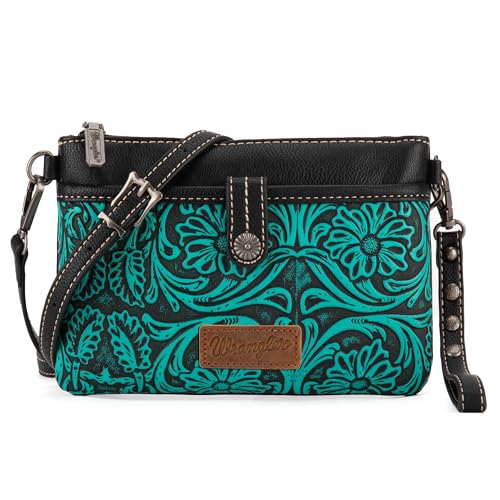 Wrangler Western Cowhide Crossbody Bags for Women Clutch Wristlet Purse - color: Tooling-black