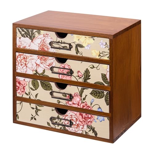 4-Drawer Vintage Desk Organizer with Jacobean Pattern Pastel Flowers Curio Drawer Dresser, Closet, Tabletop - Embroidery Reel Shelf Wood Desktop Organizing Cabinet - Victorian Floral Design - color: Vintage Jacobean Pastel Floral