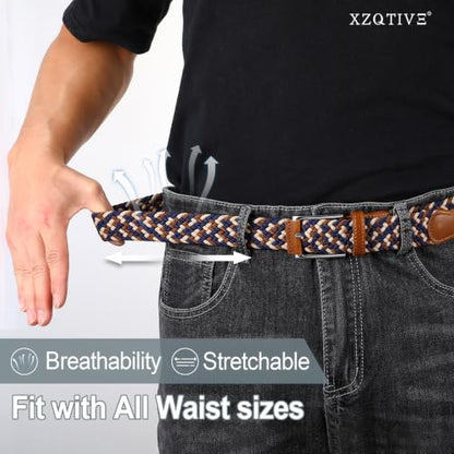 XZQTIVE Braided Stretch Belt Mens Gift Elastic Woven Belt for Golf Casual Pants Shirts Jeans - color: Beige Brown Blue, size: Fit Waist 28-33in