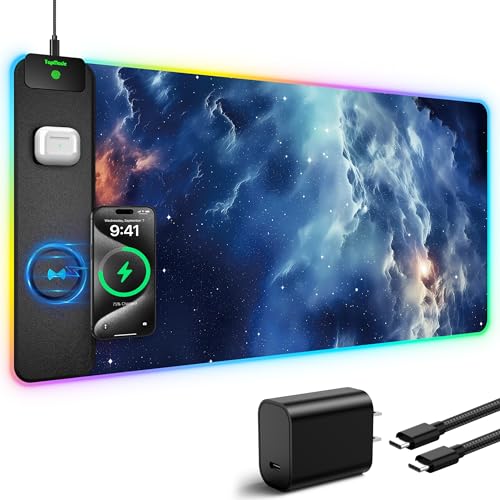 5-in-1 RGB Mouse Pad with 15W Wireless Charging, Keyboard Pad for Desk | 31.5” x 15.8” XXL Large Desk Mat, Gaming Mousepad with Ultra Smooth Surface & Non-Slip Rubber Base, Easy to Clean, Waterproof - color: Upgraded Rgb - Blue Nebula With Adapter