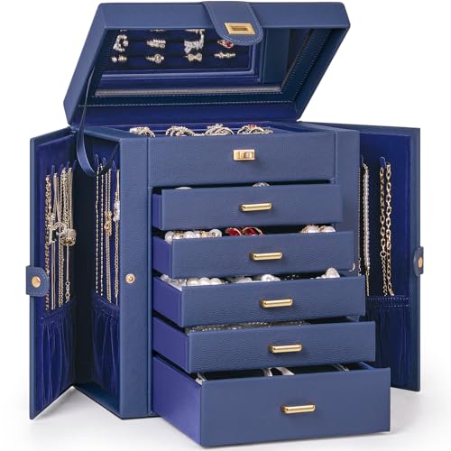 AKOZLIN 6-Tier Jewelry Box Organizer 5 Drawers Jewelry Storage Case - color: Blue, size: Medium