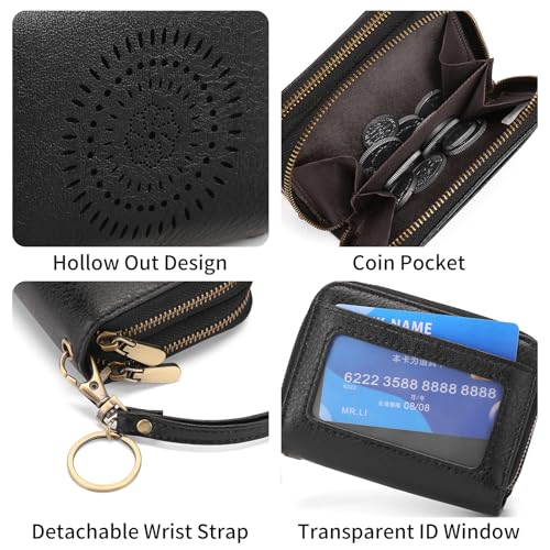 SENDEFN Leather Credit Card Holder Small Wristlet Woman Wallets RFID Blocking Double Zipper with ID Window - color: 1-Black