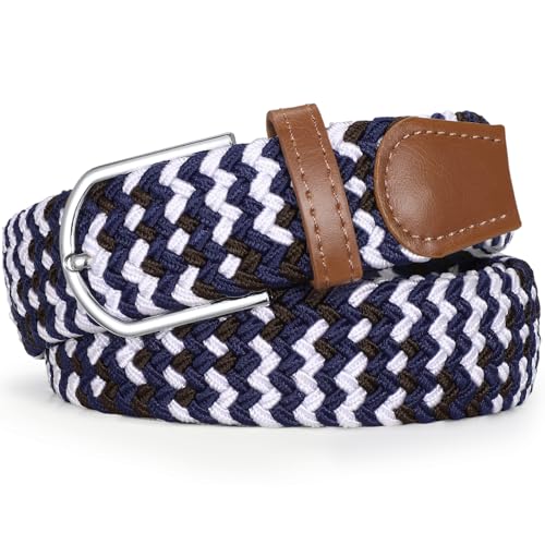 Braided Stretch Belt for Men Elastic Woven Golf Belt for Casual Pants Jeans Shorts - color: Coffee White Blue, size: Fit Waist 30"-33"