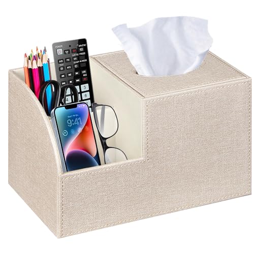 PU Leather Square Tissue Box Cover - Multi-Functional Tissue Box Holder | Tissue Box Cover with Storage,Tissue and Remote Control Holder/Caddy,Cube Tissue Box Organizer Bedroom Nightstand End Table - color: Beige