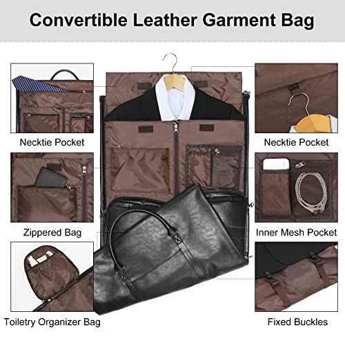 Garment Bags for Travel, 45L Carry-On Convertible Duffle with Strap | 2-in-1 hanging suit bag converts to duffel, shoe compartment, waterproof PU leather, wrinkle-free, detachable strap - color: C-Black