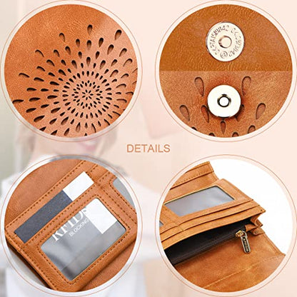 APHISON Womens Wallets RFID Blocking Leather Clutch Long Wallet for Women Card Holder Phone Organizer Ladies Travel Purse Hollow Out Sunflower Design Gift - color: BROWN