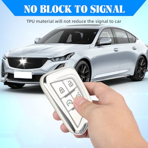 QBUC for Cadillac Key Fob Cover with Leather Keychain (Chrome Trim White) | Soft TPU Protection Case Compatible with 2020-2026 Cadillac Escalade Lyriq Optiq 5-Buttons - color: Chrome/White, size: 5-Buttons