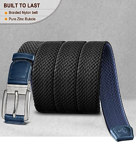 BULLIANT Men Reversible Stretch Braided Woven Web Belt 1 3/8-Gift Boxed - color: Black/Antique Blue8932, size: 38"-42"Waist Adjustable