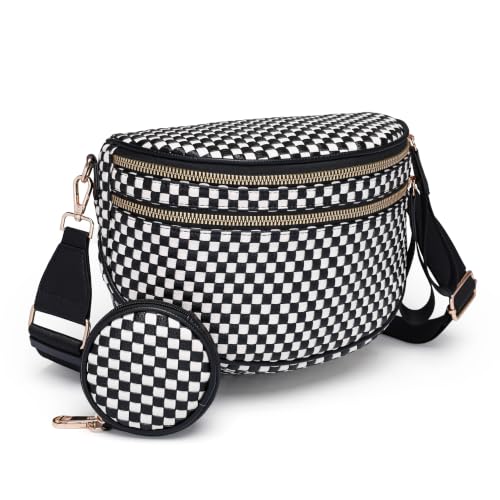 Stylish Woven Checkered Crossbody Bag Large Bum Bag for Women Soft Vegan Leather Purse Fanny Packs with Coin Purse - color: Black-white