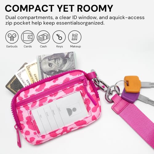 Small Wristlet Wallets for Women with Clear ID Window, Keychain Coin Purse | Organized Interior with 3 Card Slots, Inner Mesh Pouch, Lipstick Holder, Metal Key Ring and Detachable Wrist Strap - color: Hot Pink Leopard