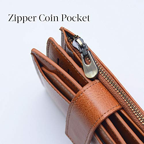Bveyzi Small Leather Wallet for Women, RFID Bifold with ID Window | Holds 11 cards, a pull-out ID sleeve, zippered coin pocket & bill slot — fits crossbody bags and keeps everything organized - color: Brown