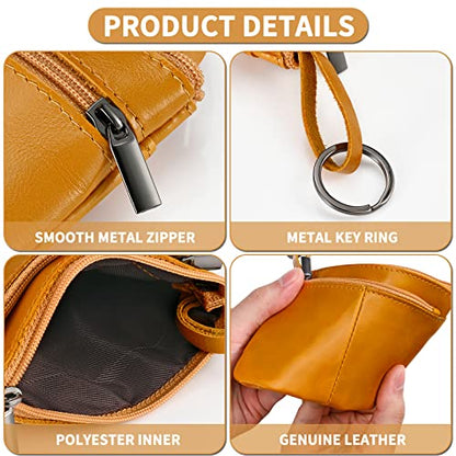Light Brown Genuine Leather Multi-Functional Wallet - Compact Card Holder, Coin Purse & Key Organizer with 3 Zippers, Built-in Key Ring, Perfect for Travel, Work & Daily Use - color: Yellowish Brown
