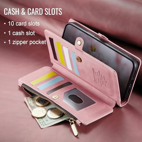 Defencase for iPhone 11 Wallet Case with RFID Blocking Card Holder, Pink | Durable Soft PU Leather, with Zipper Pocket, Wrist Strap, Fashion Snap Flip Phone Cases Cover with Stand for Women and Men - color: Rose Pink