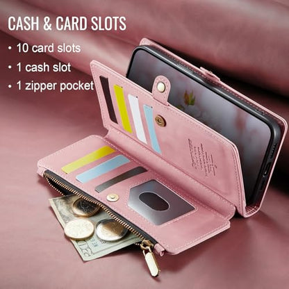 Defencase for iPhone 11 Wallet Case with RFID Blocking Card Holder, Pink | Durable Soft PU Leather, with Zipper Pocket, Wrist Strap, Fashion Snap Flip Phone Cases Cover with Stand for Women and Men - color: Rose Pink