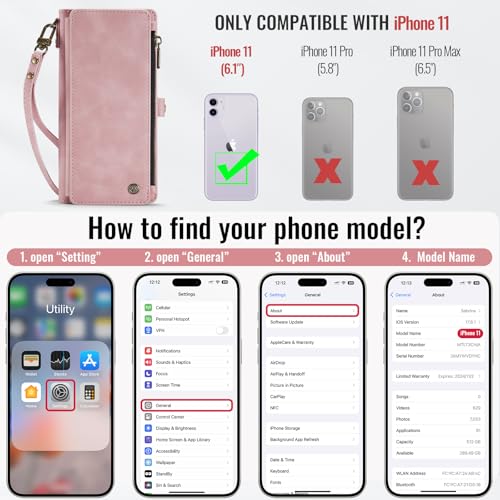 Defencase for iPhone 11 Wallet Case with RFID Blocking Card Holder, Pink | Durable Soft PU Leather, with Zipper Pocket, Wrist Strap, Fashion Snap Flip Phone Cases Cover with Stand for Women and Men - color: Rose Pink