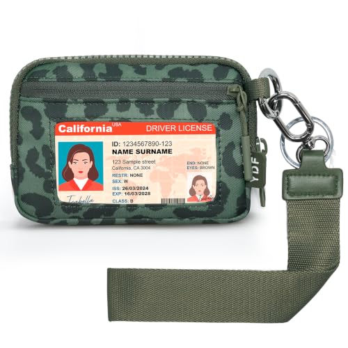 Small Wristlet Wallets for Women with Clear ID Window, Keychain Coin Purse | Organized Interior with 3 Card Slots, Inner Mesh Pouch, Lipstick Holder, Metal Key Ring and Detachable Wrist Strap - color: Sage Green Leopard