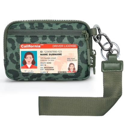 Small Wristlet Wallets for Women with Clear ID Window, Keychain Coin Purse | Organized Interior with 3 Card Slots, Inner Mesh Pouch, Lipstick Holder, Metal Key Ring and Detachable Wrist Strap - color: Sage Green Leopard
