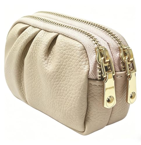 Coin Purse, Small 2 Zippered Change Pouch Wallet, Little Travel Wallet,Gift 4.9x 1.6x 3.1 inches (Beige) - color: Beige