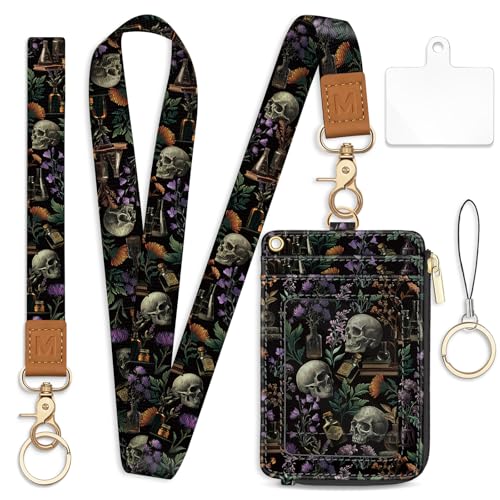Lanyard Wallet with Id Badge Holder Goth Keychain for Card Women | RFID Small Wristlet, Neck Phone Lanyard, Skull Zipper Pouch, Wrist Strap, for Key Credit Card, Work Office, Teacher, Gifts - color: Goth Skull
