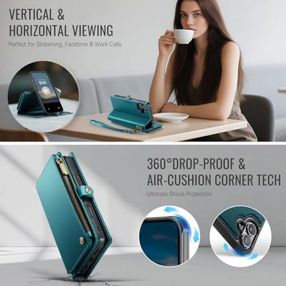 Defencase for iPhone 16 Phone Case Wallet Compatible with Magsafe, Green | Magnetic Detachable, Drop-Proof Protective Wallet Cases Cover, with RFID Bolcking Card Holder, Zipper Strap, Soft PU Leather - color: (Detachable with Magsafe)-Blue Green