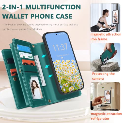 for Samsumg Galaxy S26 Wallet Case, Detachable Magnetic Phone Case,Faux Leather Strap Wallet,with RFID Blocking,Zipper Card Holder,Shoulder Straps (Green) - color: Green, size: Samsumg Galaxy S26