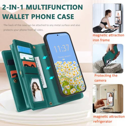for Samsumg Galaxy S26 Wallet Case, Detachable Magnetic Phone Case,Faux Leather Strap Wallet,with RFID Blocking,Zipper Card Holder,Shoulder Straps (Green) - color: Green, size: Samsumg Galaxy S26