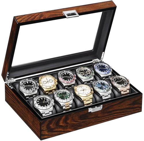 BEWISHOME Watch Cases for Men, 10-Slot Watch Box Organizer with Glass Lid | Wooden Watch Case with Removable Watch Pillows, Watch Holder, Watch Storage, Synthetic Leather Interior, Brown SSH10Y - size: 10 Solts