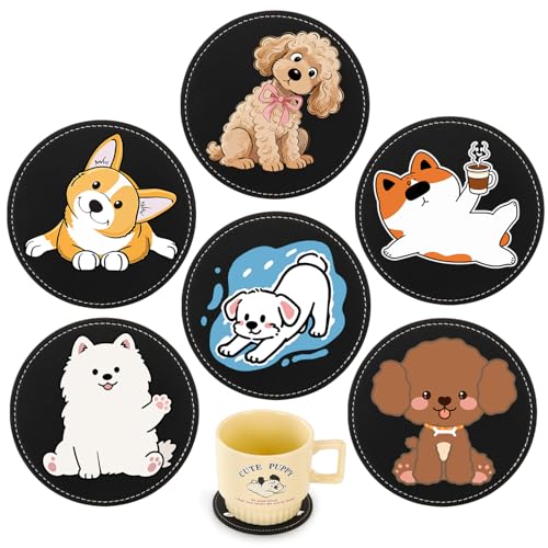 6 Pack Cute Dog Leather Coasters for Drinks, 3.9 Inch Round Drink Cup Mats, Heat Resistant Coasters for Table Protection, Funny Pet Lover Gifts for Men Women - color: Black-6 Pcs