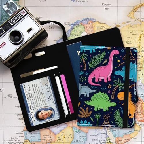 PU Leather Passport Holder Cover 5.9×4.3 Inch with Credit Card Slot Boarding Pass Slot Combo Blocking Passport Holder Wallet Cover Case for Travel Boarding Essentials(Cartoon Dinosaur) - color: Cartoon Dinosaur