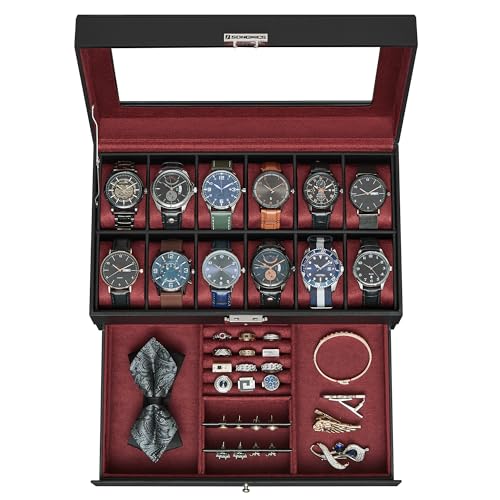 SONGMICS 12-Slot Watch Box, Lockable with Glass Lid, 2 Layers Watch Case | For Rings, Bracelets, Gift Idea, Black Synthetic Leather, Red Lining, BRIDIE Collection, UJWB012R01 - color: Black + Wine Red, size: 12 Slot