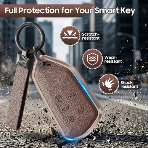for Volkswagen Key Fob Cover, Aluminum and Leather Protective Case | Premium Shell with Keychain Compatible with VW Tiguan Atlas ID4 Golf Smart Key (D Black)