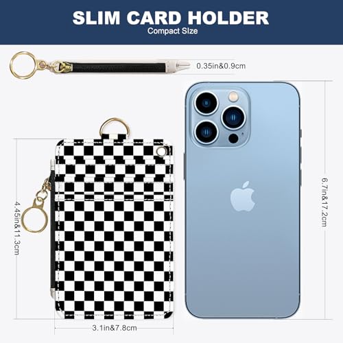 Slim Wallet Credit Card Holder, Black and White Checkered, RFID Wallet Women Cute Small Front Pocket Wallet With Zipper, PU Leather Thin travel RFID Blocking Card Case ID Window ,Ladies Gifts - color: Black and White Checkered