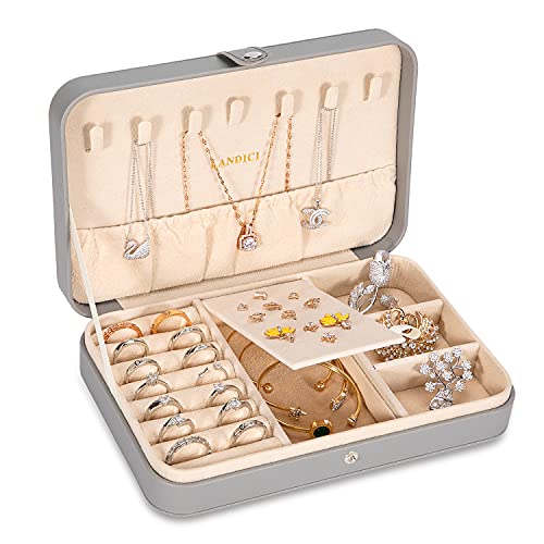 LANDICI Small Jewelry Box for Women Girls, PU Leather Travel Jewelry Case, Portable Jewelry Organizer Storage Holder Display for Ring Earrings Necklace Bracelet Bangle Men Kids Gift, Grey - color: Grey
