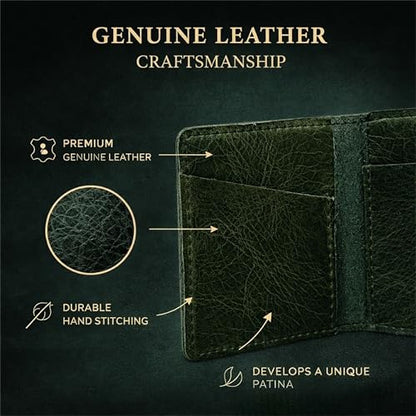 Genuine Leather Bifold Card Holder Wallet, Forest Green | Men & Women, Slim Minimalist, Front Pocket, Compact Travel & Everyday Carry - color: Green