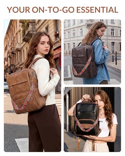 SYTRAH Leather Laptop Backpack for Women, 15.6 inch Computer Daypack Brown | Vegan Leather with dedicated 15.6" Laptop Compartment, 9-Pocket Organizer, Breathable Mesh Strap, Work & Travel - color: Black Brown