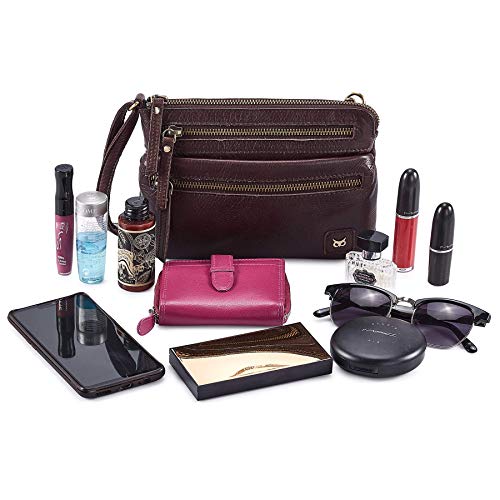 Small Leather Crossbody Bag for Women Adjustable Sling Purse Multi Pocket | Genuine Top Grain Leather, 4 Zip Pockets, Cross Over for Travel, Gift for Women, Phone Pocket - color: Coffee Multi-wax
