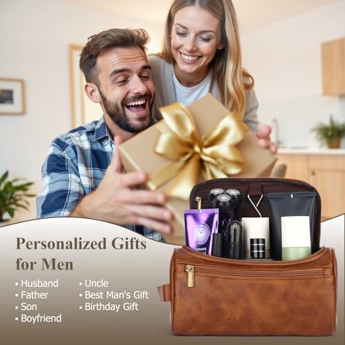 OXYEFEI Personalized Toiletry Bag for Men,Personalized Gifts for Men,Engraved Initial PU Leather Mens Toiletry Travel Shaving Travel Essentials Toiletries Bag for Him Birthday (B, Light Brown) - color: Light Brown, style: B