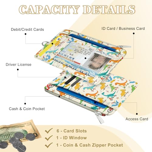 Dinosaur Slim Wallet for Women - RFID Blocking Credit Card Holder, PU Leather Wallet with ID Window & Zipper Coin Pocket, Thin Travel Front Pocket Card Case for Men, Ladies Gifts - color: Dinosaur1