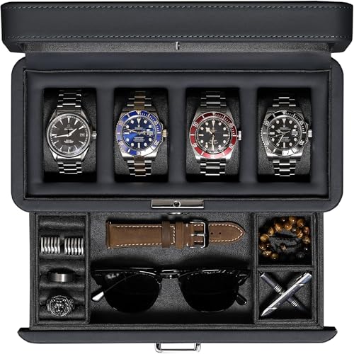 ROTHWELL 4 Slot Leather Watch Box with Valet Drawer - Luxury Case Display Jewelry Organizer, Locking Display Case Holder with Real Glass Top - Watch Box Organizer for Men & Women (Carbon) - color: Carbon