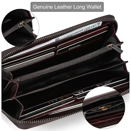 Genuine Leather Long Wallet for Men, Large Capacity Purse Clutch Bag Handbag Checkbook Cash Credit Cards Phone Holder | Large Capacity - color: 1007SZ-Coffee